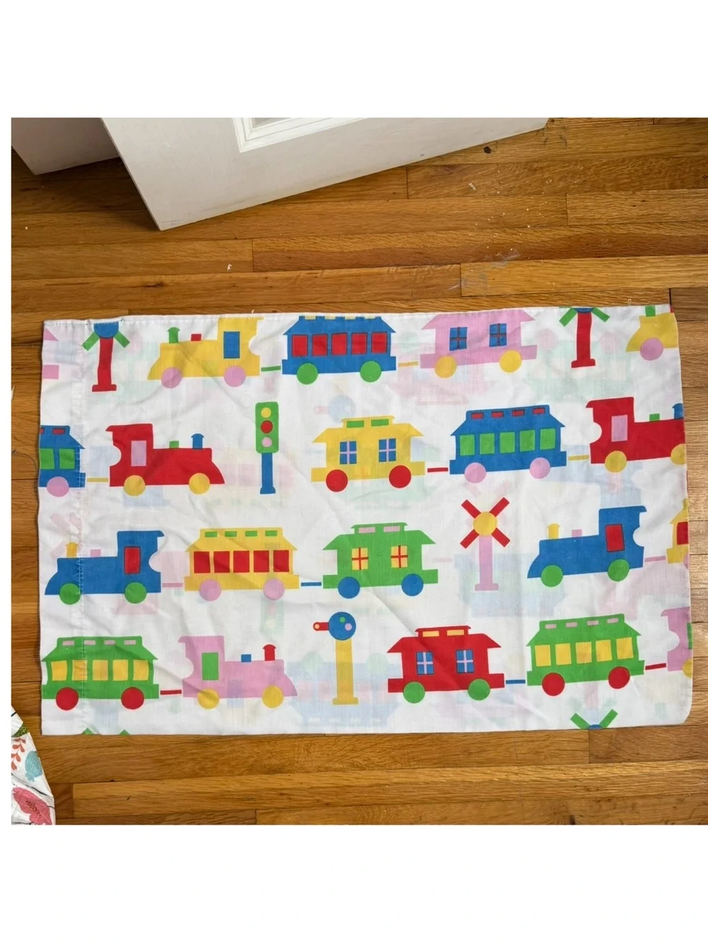 Vintage Train Locomotive Pillowcase Primary Colors 1980’s Transportation Novelty